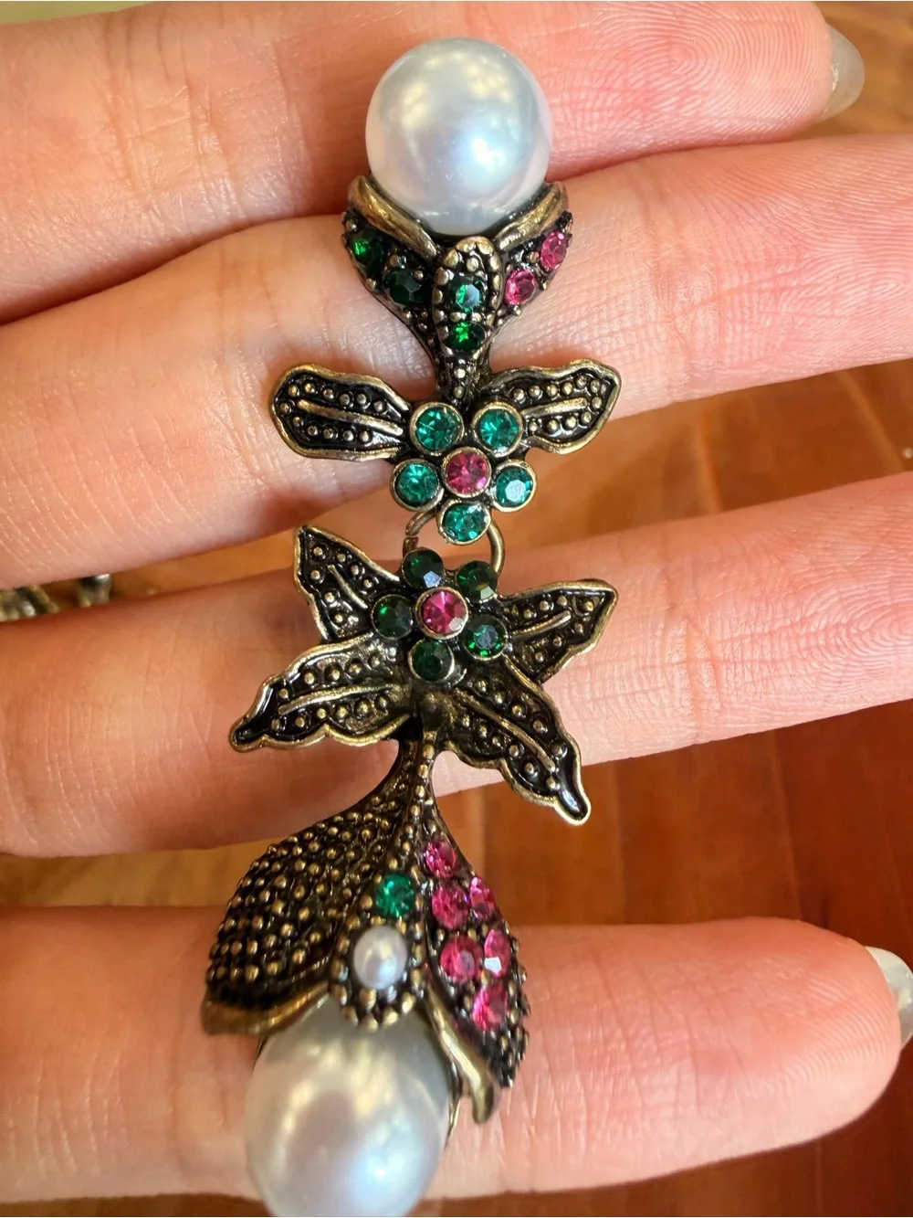 Vintage-Inspired Pearl Drop Earrings with Pink & Green Crystals